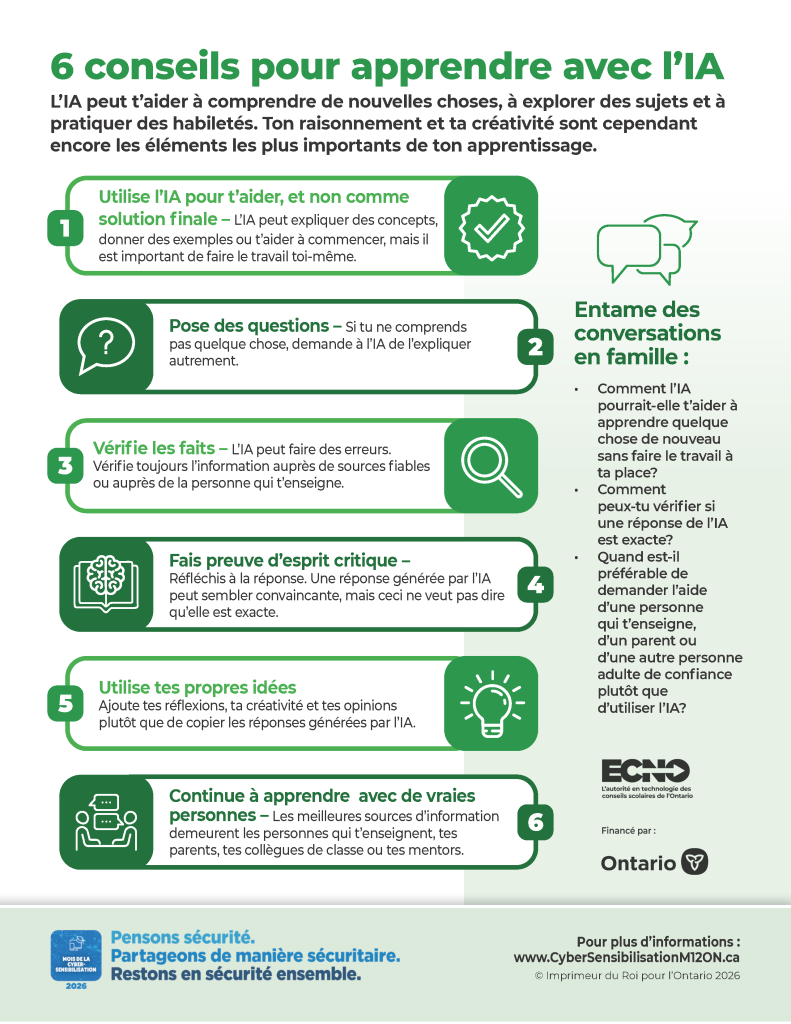 Image d'une infographie intitulée « 6 conseils pour apprendre avec l'IA »