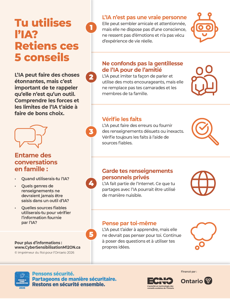 Image d'une infographie intitulée « Vous utilisez l'IA ? Gardez ces 5 conseils à l'esprit »