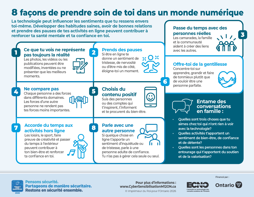 Image d'une infographie intitulée « 8 façons de prendre soin de soi dans un monde numérique »