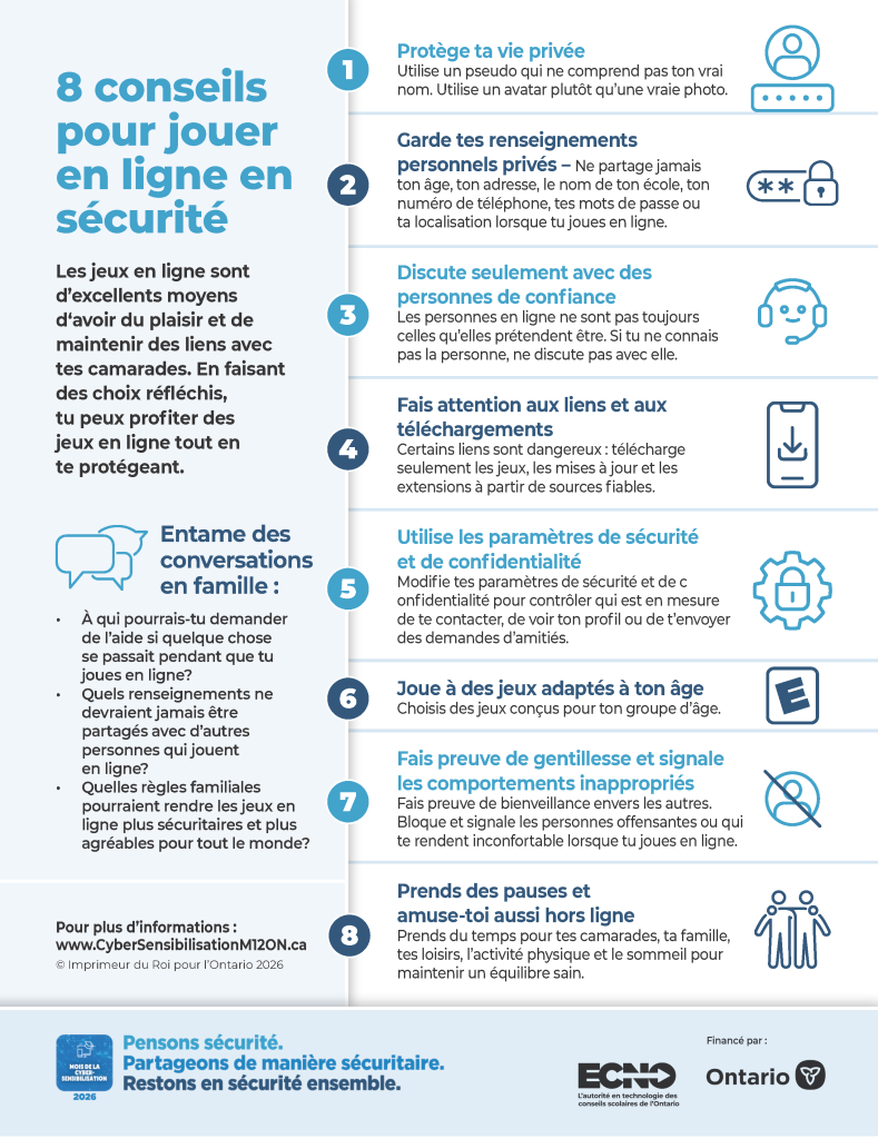 Image d'une infographie intitulée « 8 conseils pour jouer en toute sécurité »