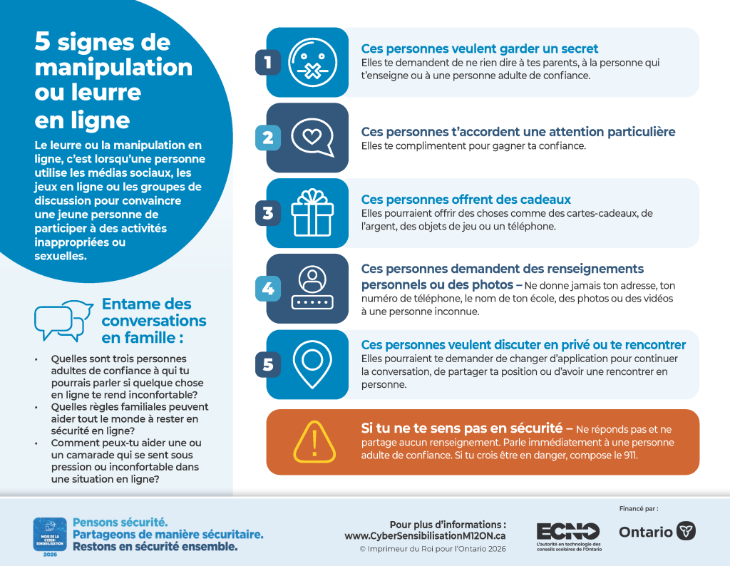 Image d'une infographie intitulée « 5 signes de manipulation et d'approche prédatrice en ligne »