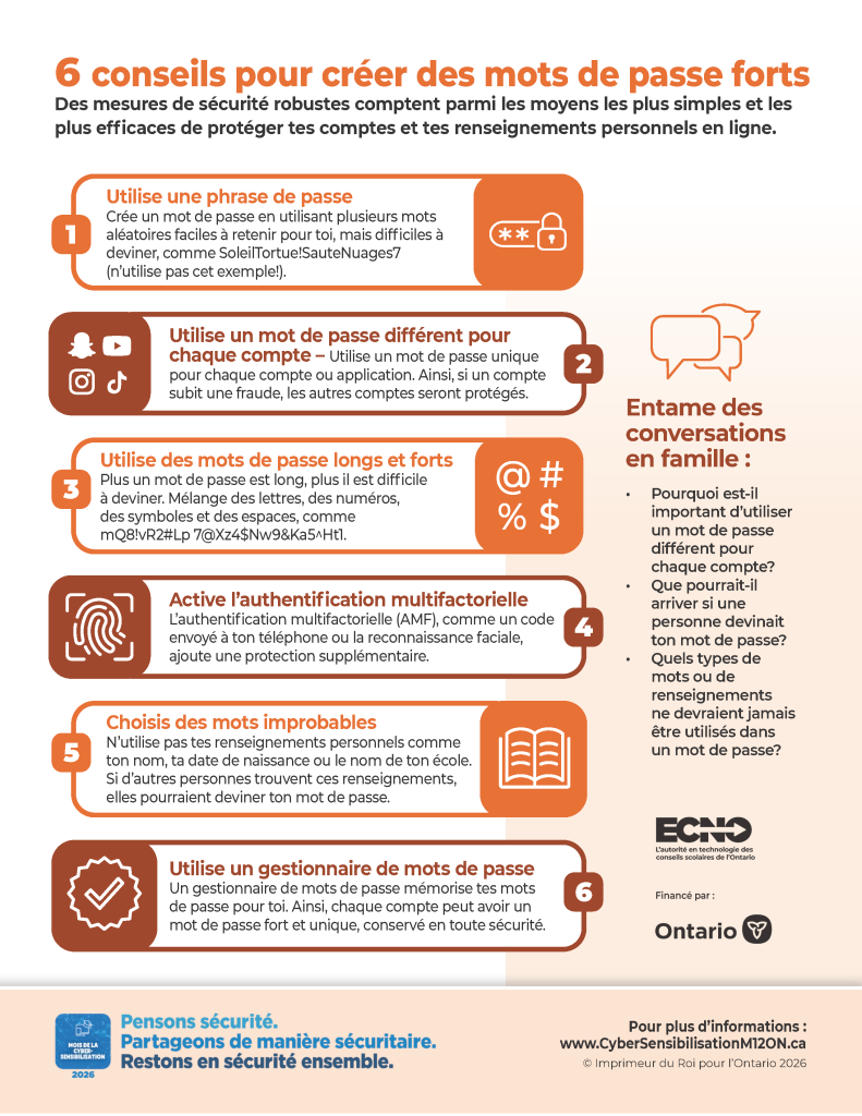 Image d'une infographie intitulée « 6 conseils pour des mots de passe robustes »