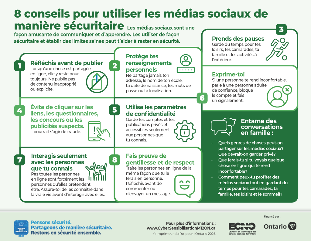 Image d'une infographie intitulée « 8 conseils pour utiliser les médias sociaux en toute sécurité »