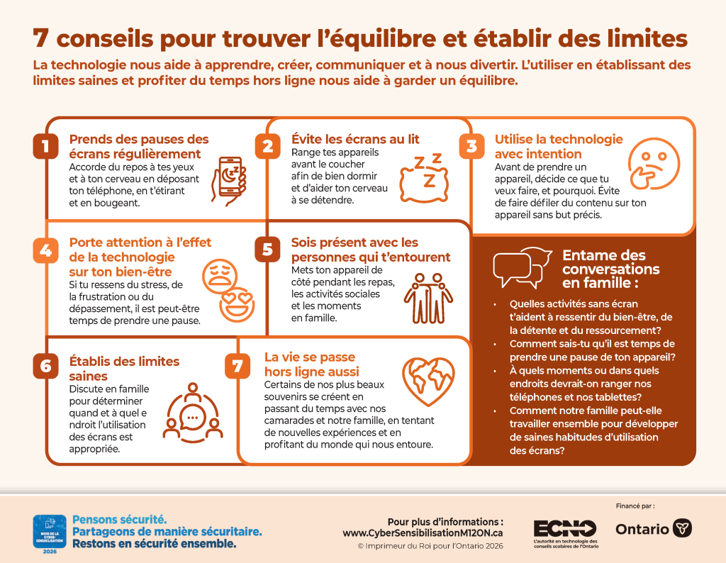 Image d'une infographie intitulée « 7 conseils pour l'équilibre et les limites »